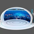 Modern Exhibition Island Featuring White Curved Design Blue Screen City Night View And Circular Base
