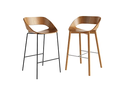 Curved Wooden Backrest Bar Stools with Black Metal and Wooden Legs 3d model