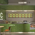 Modern Milk Tea Shop Interior With Green Counter Round Tables And Brown Chairs