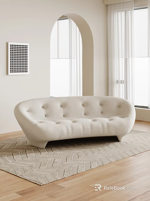 Modern Curved Tufted White Multi Seater Sofa in Living Room with Natural Light and Rug 3d model 