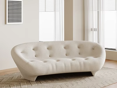 Modern Curved Tufted White Multi Seater Sofa in Living Room with Natural Light and Rug 3d model