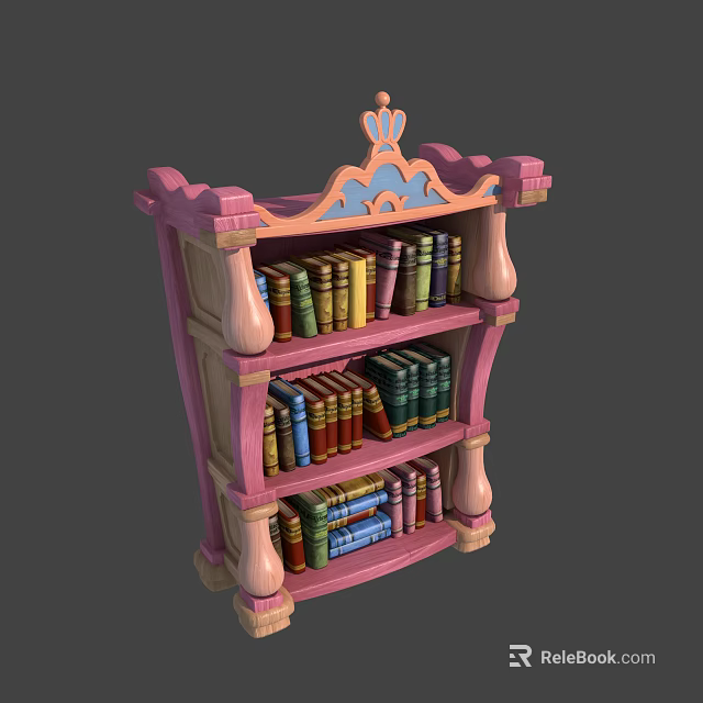 Pink Decorative Bookcase With Ornate Top And Multiple Shelves Filled With Colorful Books 3d model 