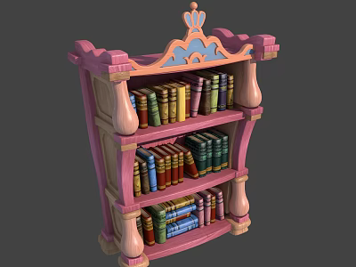 Pink Decorative Bookcase With Ornate Top And Multiple Shelves Filled With Colorful Books 3d model