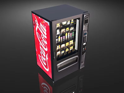 Commercial Refrigerator with Coca Cola Branding Glass Door Black Exterior and Snacks Inside 3d model