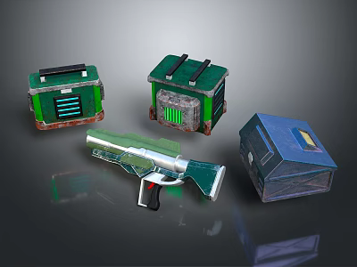 Transparent Laser Gun As Main Weapon With Green Blue Storage Boxes 3d model