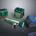 Transparent Laser Gun As Main Weapon With Green Blue Storage Boxes 3d model