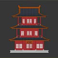Cartoon Scene Traditional Chinese Three Story Tower With Red Body Blue Roof And Orange Decorations