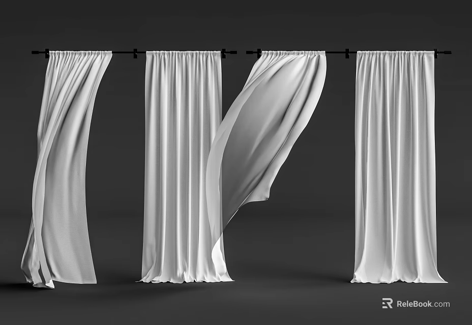 Multiple White Sheer Curtains Hanging With Flowing Fabric On Dark Backdrop 3d model 