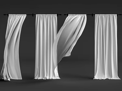 Multiple White Sheer Curtains Hanging With Flowing Fabric On Dark Backdrop 3d model