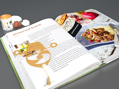Open Cookbook With Preserved Lemon Recipe And Food Images Plus Wooden Bookmark 3d model