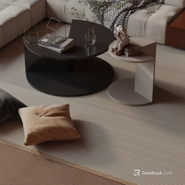 Modern Sofa With Black Round Coffee Table And White Side Table In Living Room 3d model