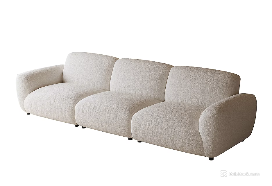 Modern Three Seater Sofa With Beige Fabric And Rounded Arms Design 3d model 