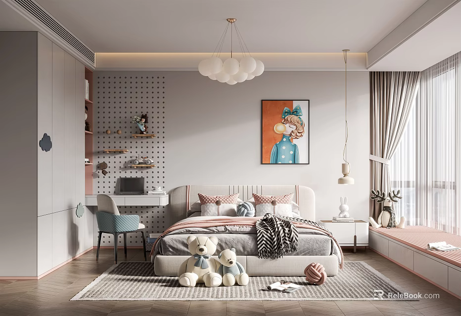 Kids Room Interior Design with Bed White Chandelier Stuffed Toys Study Desk and Colorful Artwork 3d model 