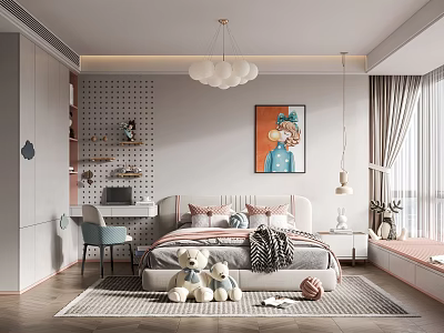 Kids Room Interior Design with Bed White Chandelier Stuffed Toys Study Desk and Colorful Artwork 3d model