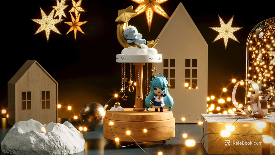 Festive Carousel Decoration With Blue Haired Figure Stars Small Houses And String Lights 3d model 