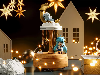 Festive Carousel Decoration With Blue Haired Figure Stars Small Houses And String Lights 3d model