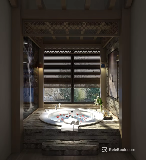 Luxury Bathtub With Flower Petals In Elegant Bathroom Interior Near Large Windows With Wooden Blinds 3d model 