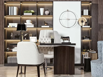Stylish Modern Home Office Desk With Bookshelf Decorative Items Lighting And Chair 3d model