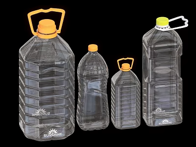 Transparent Plastic Bottles In Various Sizes With Orange And Yellow Caps And Logos 3d model
