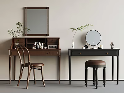 Brown And Black Dressing Tables With Mirrors Chair Stool And Decorative Plants 3d model