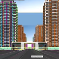 Modern Residential Entrance Gate With High Rise Buildings Trees And People Under Blue Sky