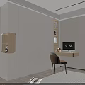 Modern White Wardrobe Room Interior with Open Shelving Lighting Brown Chair and Desk