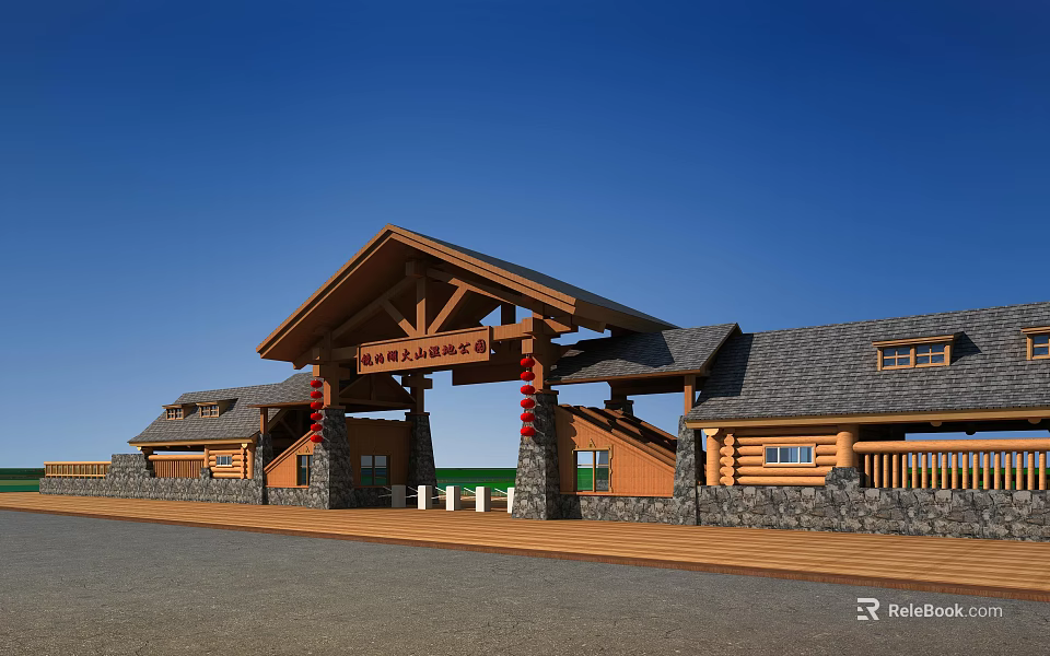 Traditional Wooden Entrance Gate With Rustic Roof And Red Lantern Decorations 3d model 