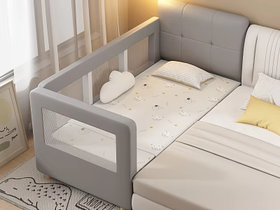 Modern Kids Bed with Safety Guardrail Gray Beige Cartoon Pattern Mattress and Soft Pillows 3d model