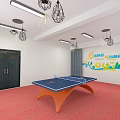 Indoor Ping Pong Fitness Room with Blue Table Red Carpet and Windows