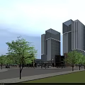 Modern Commercial Street Plaza With Illuminated Lighting And Surrounding Modern Buildings