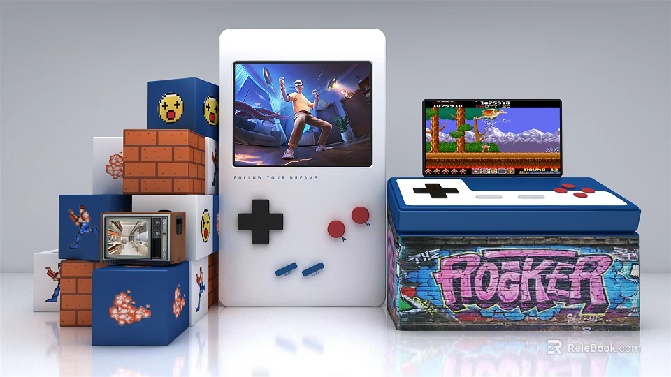 White Handheld Retro Game Console With Game Screen Blue Blocks And ROCKER Box 3d model 