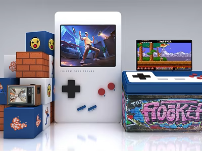 White Handheld Retro Game Console With Game Screen Blue Blocks And ROCKER Box 3d model