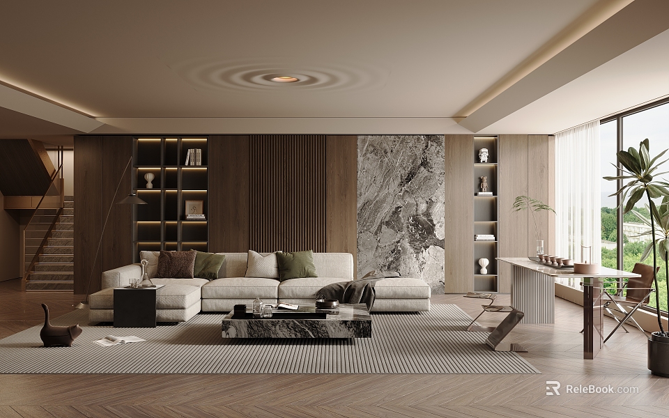 Elegant Modern Living Room With Sofa Marble Accent Wall Bookshelves Coffee Table Rug And Floor To Ceiling Windows 3d model 