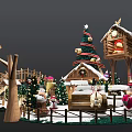 Festive Christmas Scene With Decorated Tree Snowy Cabin Reindeer Snowman And Wooden Arch