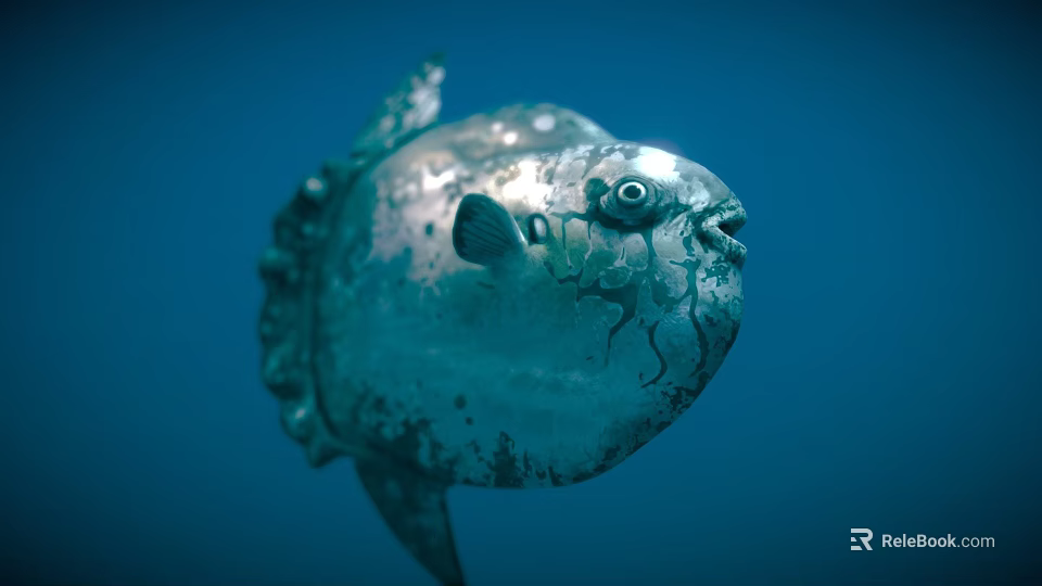 Mola mola fish with silver gray rounded body and large eyes swimming in deep ocean 3d model 