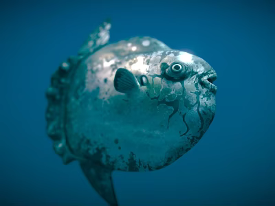 Mola mola fish with silver gray rounded body and large eyes swimming in deep ocean 3d model
