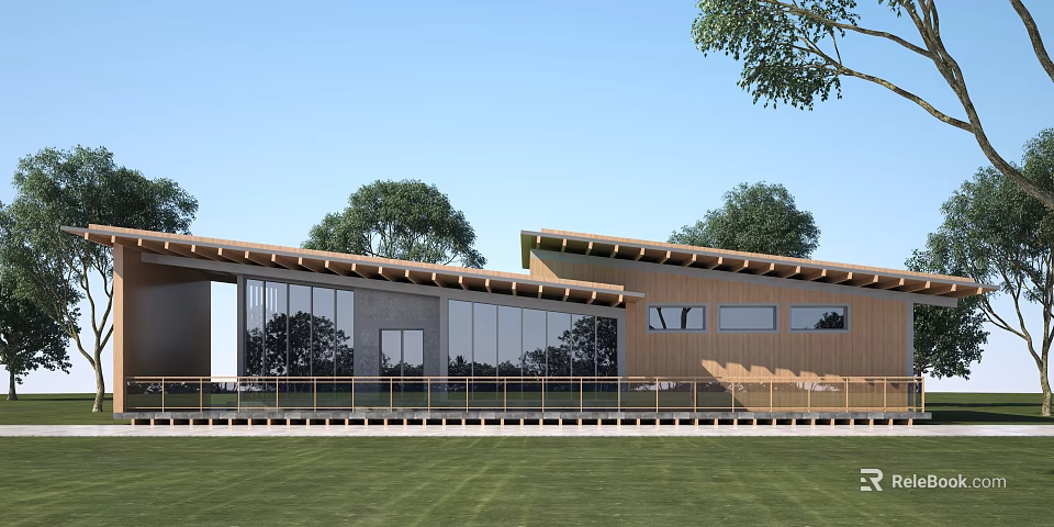 Modern Post Station Featuring Large Glass Windows Wooden Structure Green Lawn And Trees 3d model 