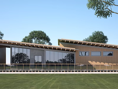 Modern Post Station Featuring Large Glass Windows Wooden Structure Green Lawn And Trees 3d model