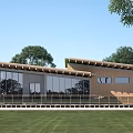Modern Post Station Featuring Large Glass Windows Wooden Structure Green Lawn And Trees