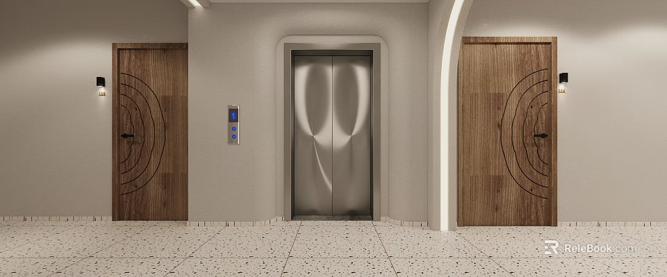 Elevator Hallway With Stainless Steel Door Wooden Panel Walls And Tiled Floor Design 3d model 