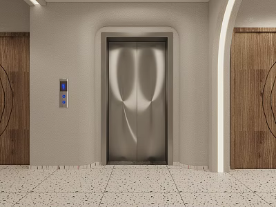 Elevator Hallway With Stainless Steel Door Wooden Panel Walls And Tiled Floor Design 3d model