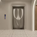 Elevator Hallway With Stainless Steel Door Wooden Panel Walls And Tiled Floor Design