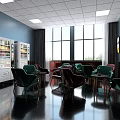 Lounge Area Featuring Green Red Chairs Tables Vending Machines Large Windows And Wall Art