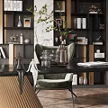 Modern Study Room Interior With Wooden Bookshelves Green Chair Black Desk And Plants