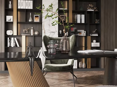 Modern Study Room Interior With Wooden Bookshelves Green Chair Black Desk And Plants 3d model