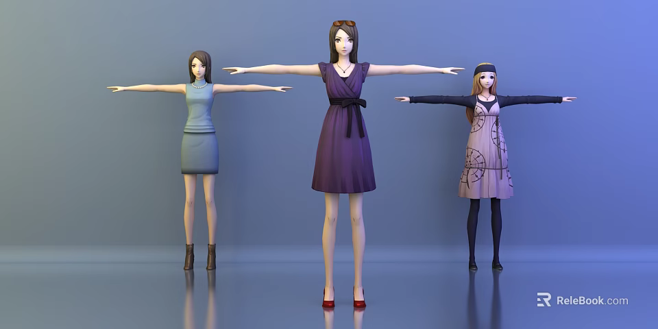Three Female Game Movie Characters With Arms Outstretched In Different Dresses 3d model 