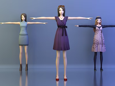 Three Female Game Movie Characters With Arms Outstretched In Different Dresses 3d model