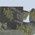 Wooden Treehouse Structure In Forest With Stone Base And Connected Cabins