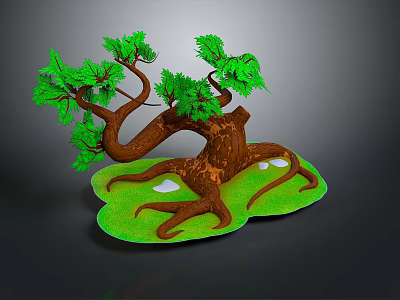 Bonsai Tree with Curved Brown Trunk Green Leaves and Exposed Roots on Green Grass Base 3d model