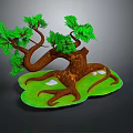 Bonsai Tree with Curved Brown Trunk Green Leaves and Exposed Roots on Green Grass Base